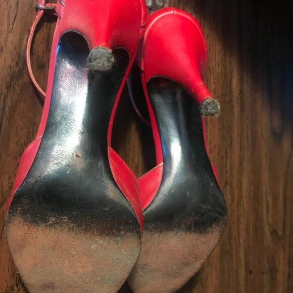 Vintage Red 3 inch Leather Pumps Heels, Gold Accents and Trim, Ankle Strap - Picture 6 of 10